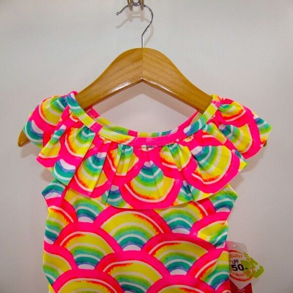 NWT Penelope Mack Bright Neon Rainbow Ruffle One Piece Swimsuit Kids Size 4 - Picture 2 of 6